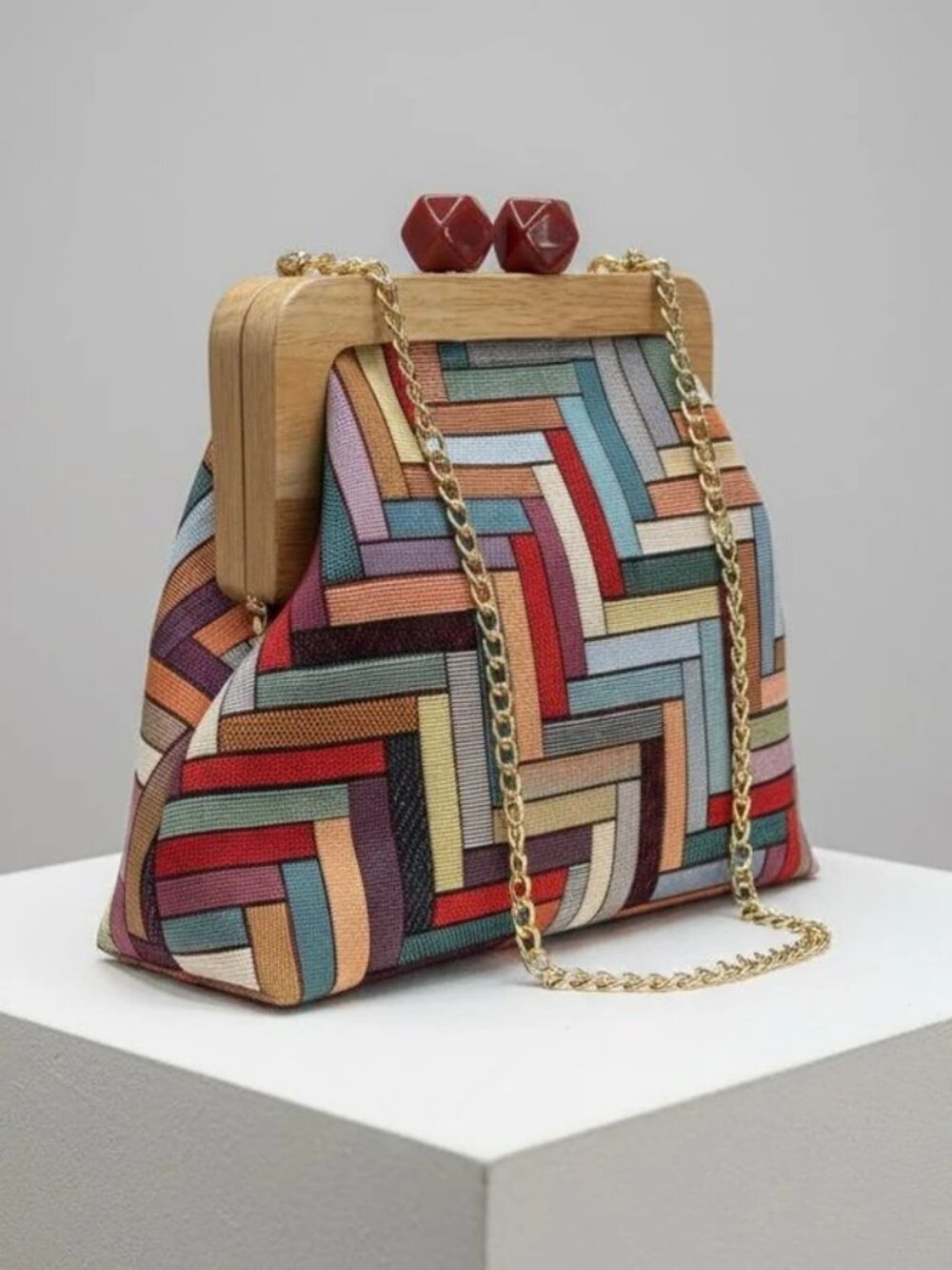 Vintage Geometric Wood Frame Clutch Handbag